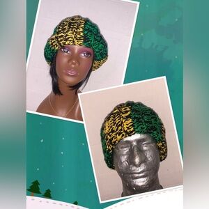Crochet handmade fold brim hat adult unisexj Jamaica colors